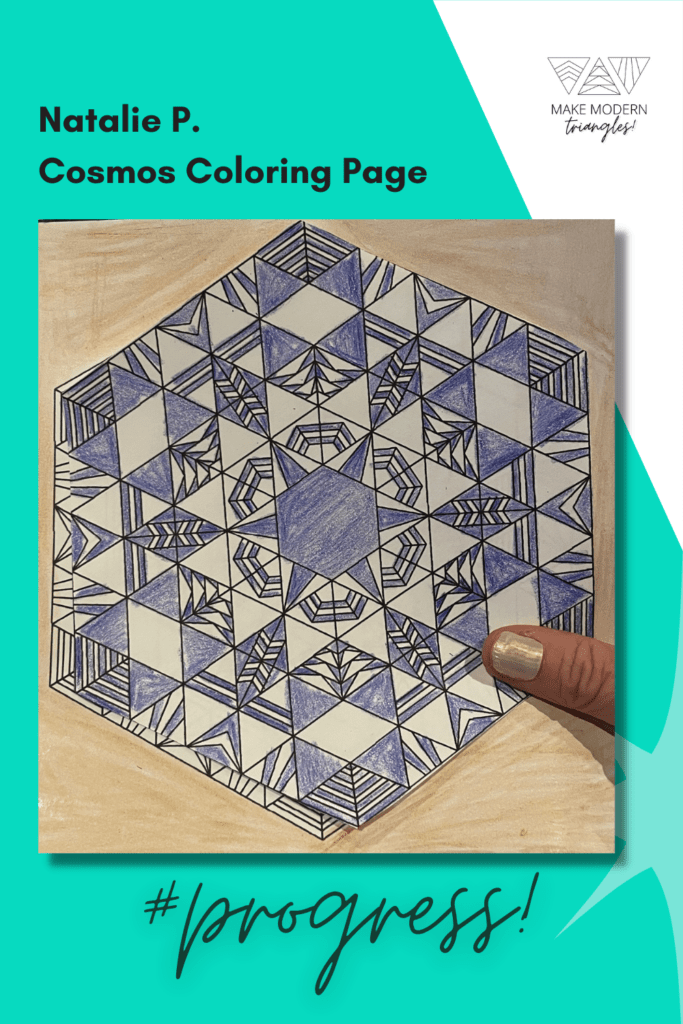 Natalie P., a Make Modern Triangles member colored in the Cosmos design with blue and white.