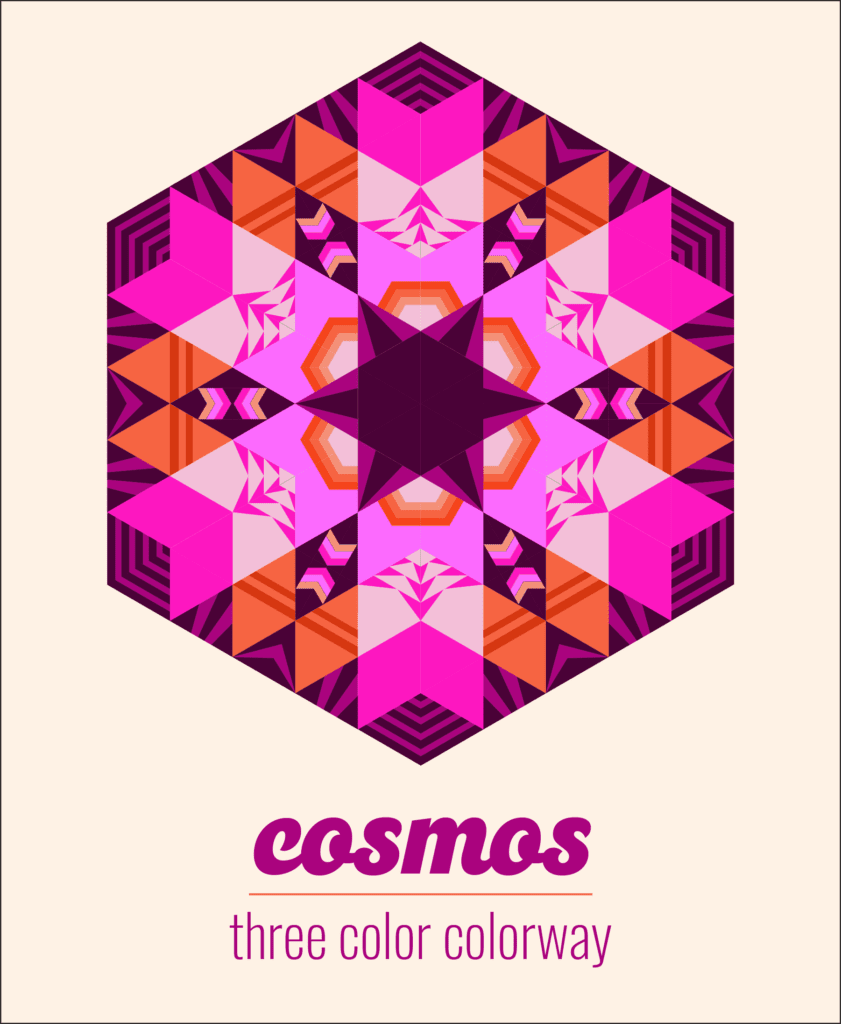 Cosmos BOM coloring page in three color palette: pink, magenta and orange.