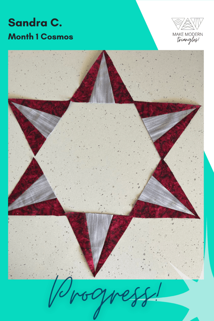 Cosmos BOM month 1 blocks completed by Make Modern Triangles member in red and gray fabrics.