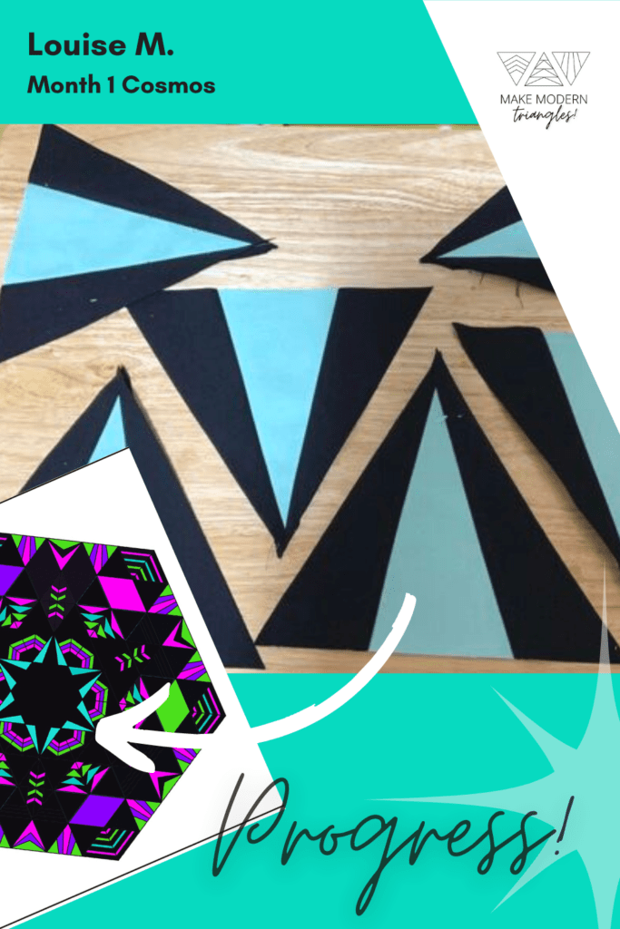 Cosmos BOM month 1 blocks completed by Make Modern Triangles member in solid teal and black fabrics.