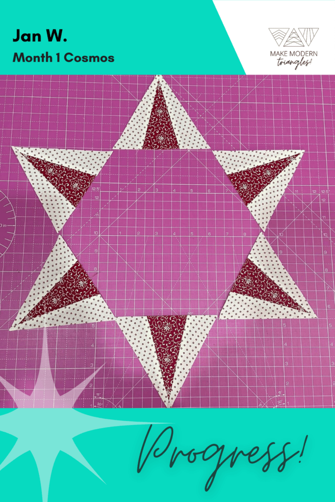 Cosmos BOM month 1 blocks completed by Make Modern Triangles member in red print fabrics.