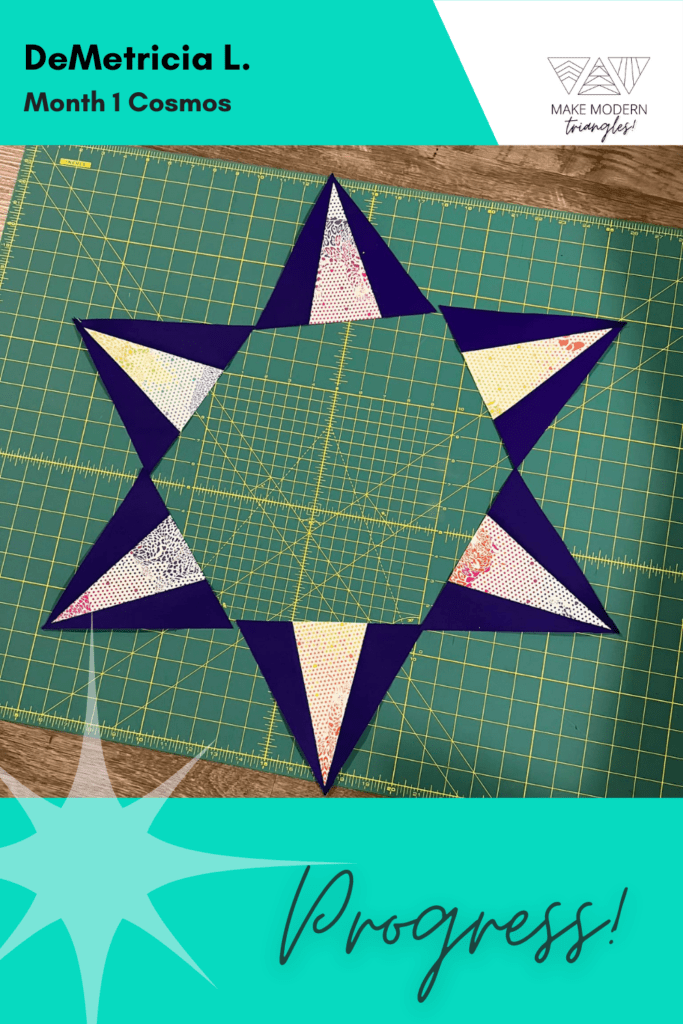 Cosmos BOM month 1 blocks completed by Make Modern Triangles member in navy and light print fabrics.