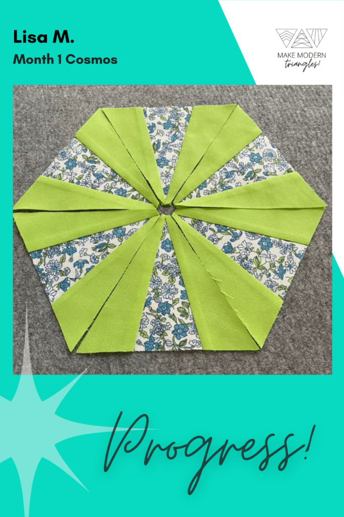 Cosmos BOM month 1 blocks completed by Make Modern Triangles member in chartreuse and floral fabrics.