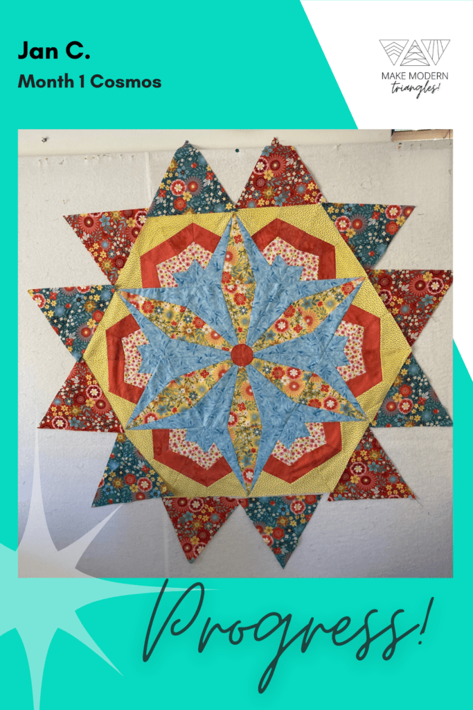 Cosmos BOM month 1 blocks completed by Make Modern Triangles member in multicolored calico and batik fabrics.