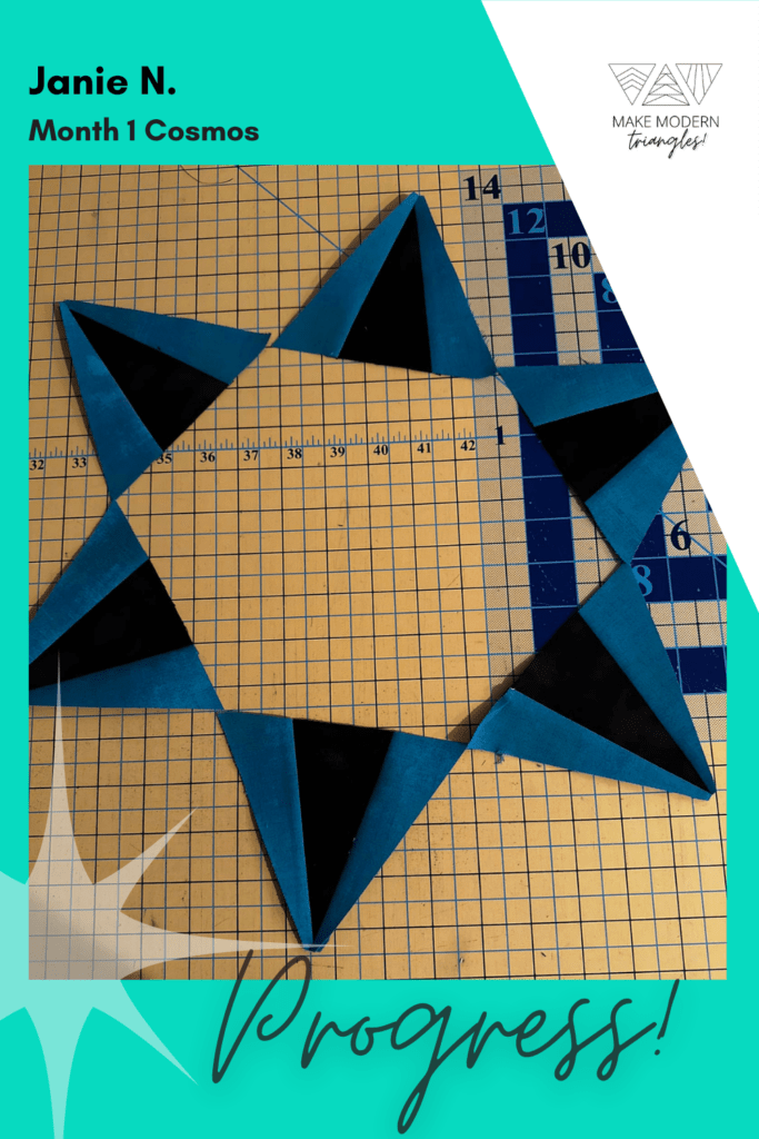 Cosmos BOM month 1 blocks completed by Make Modern Triangles member in dark blue fabrics. 