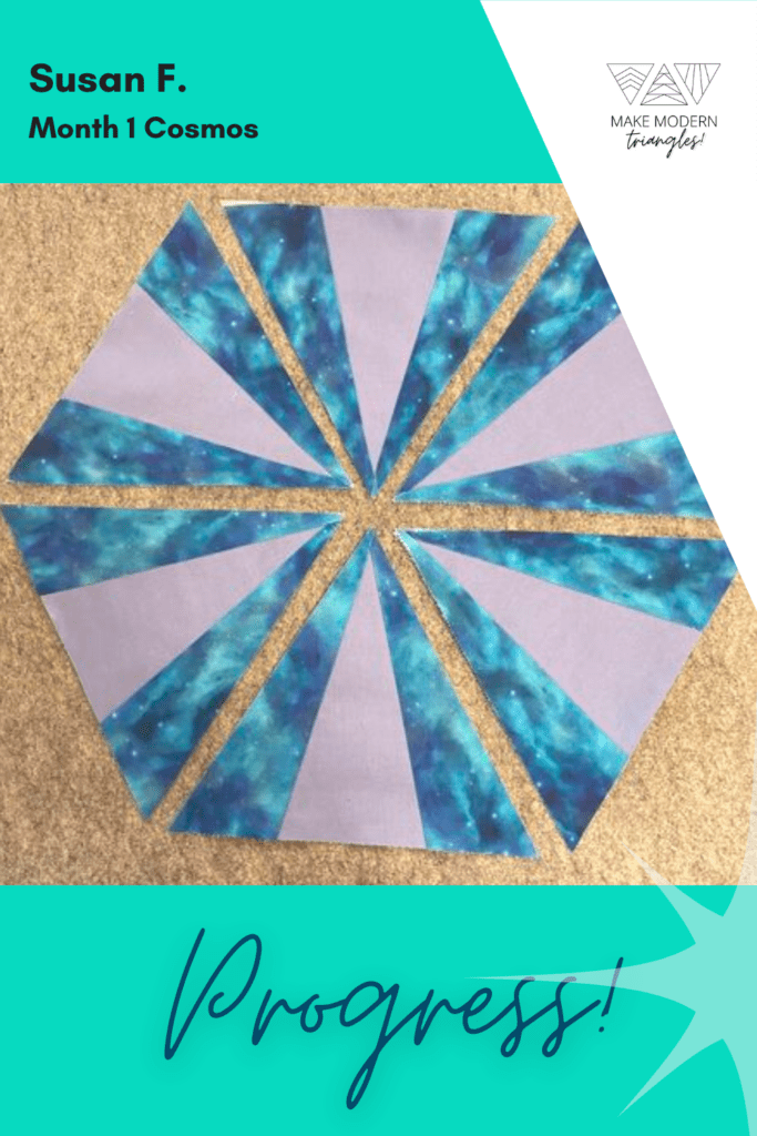 Cosmos BOM month 1 blocks completed by Make Modern Triangles member in teal and violet fabrics.