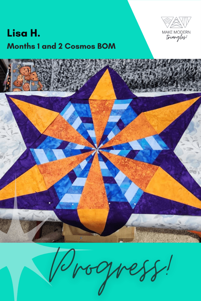 Cosmos BOM month 1 blocks completed by Make Modern Triangles member in blue and orange fabrics.