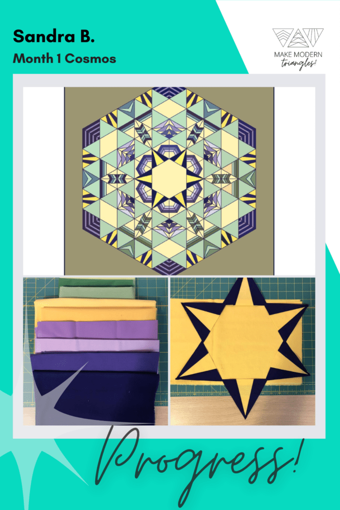 Cosmos BOM month 1 blocks completed by Make Modern Triangles member in violet, yellow and green fabrics.