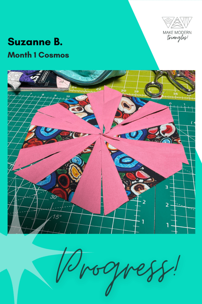 Cosmos BOM month 1 blocks completed by member in multicolored fabrics.