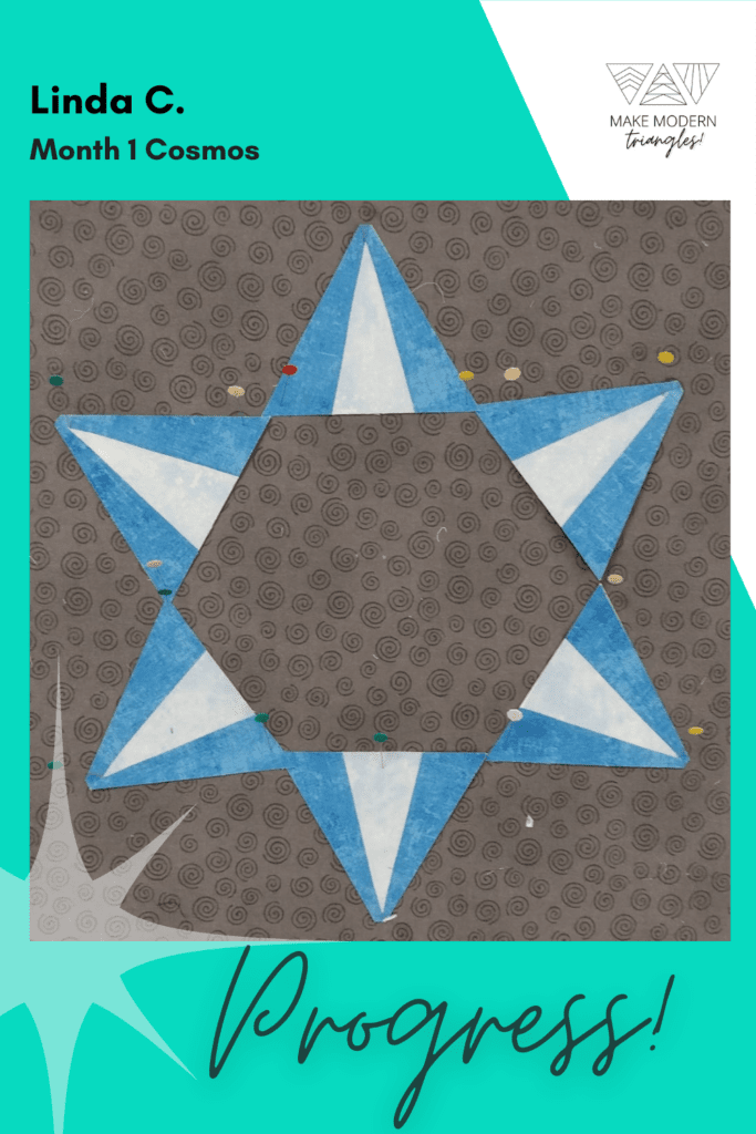 Cosmos BOM month 1 blocks completed by Make Modern Triangles member in solid teal and white fabrics.