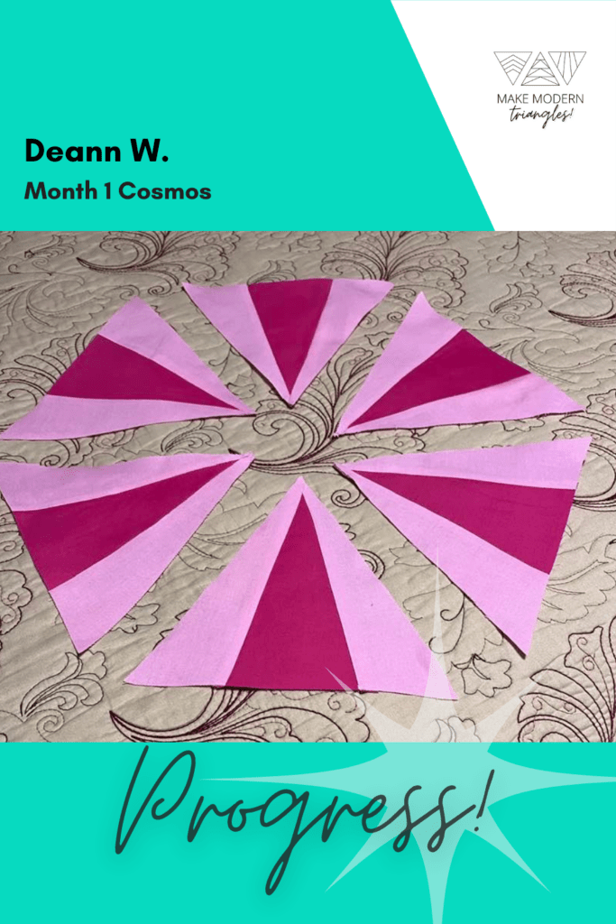 Cosmos BOM month 1 blocks completed by Make Modern Triangles member in solid pink fabrics.