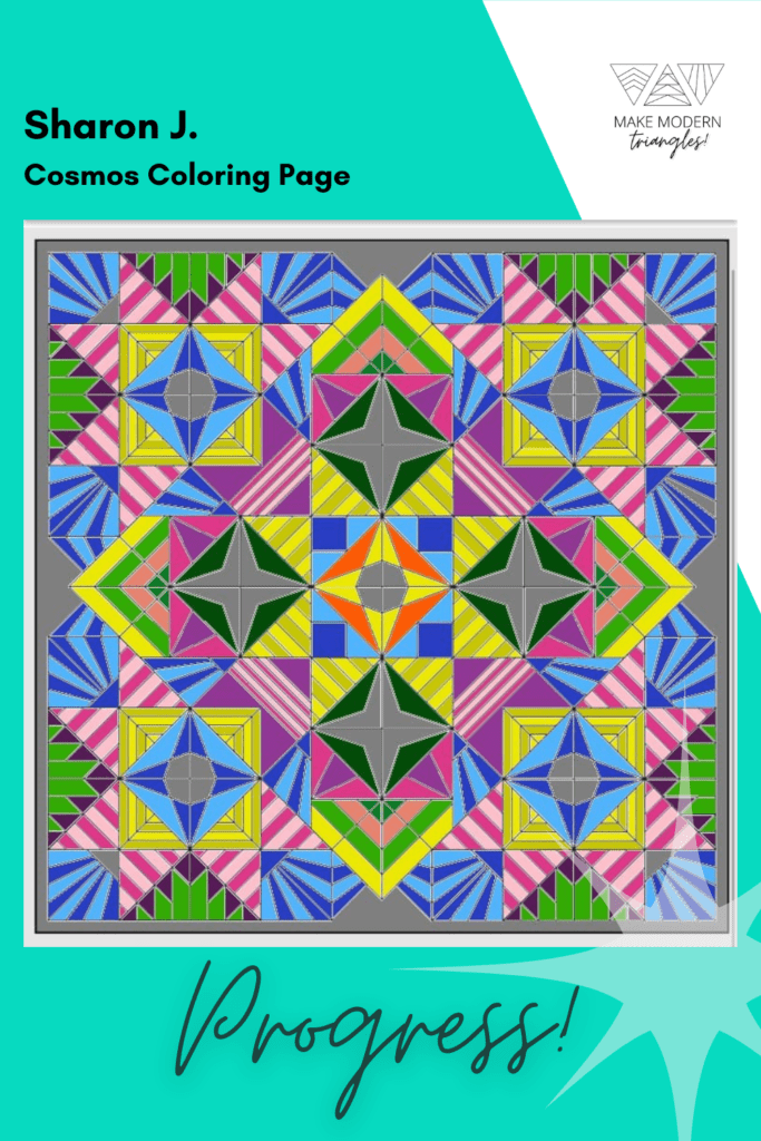 Cosmos BOM coloring page completed in bright colors by Make Modern Triangles member. 