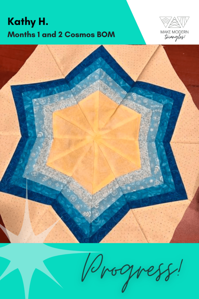 Cosmos BOM month 1 and 2 blocks completed by Make Modern Triangles member in blues and yellow.