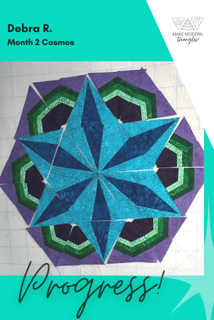 Cosmos BOM Month 2 member make in teal, purple and green fabrics.