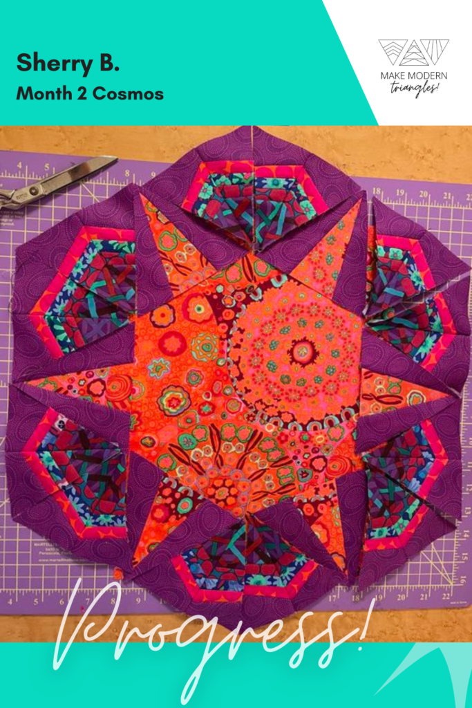 Cosmos BOM Month 2 member make in red, orange, purple and teal fabrics.