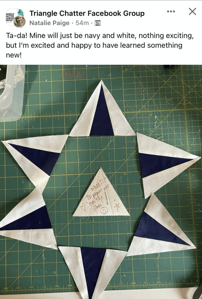 modern triangle block in navy and white made with freezer paper piecing foundation method.