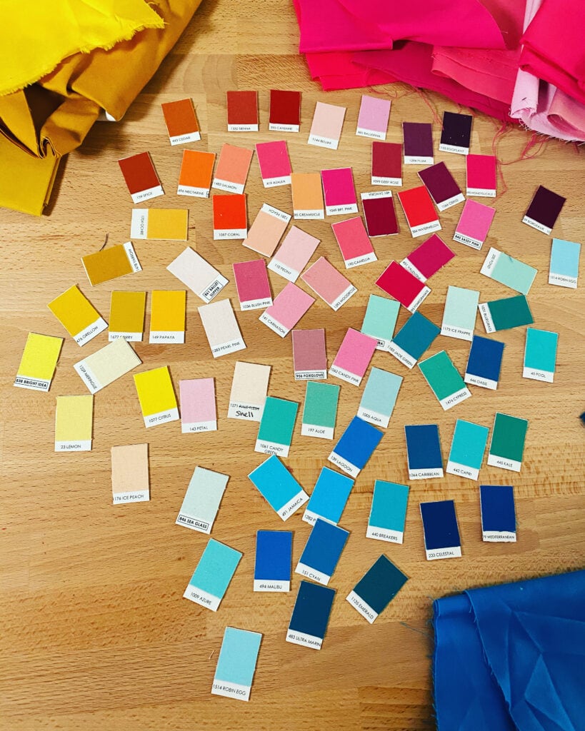 Photo shows color chips arranged by Bryan House Quilts