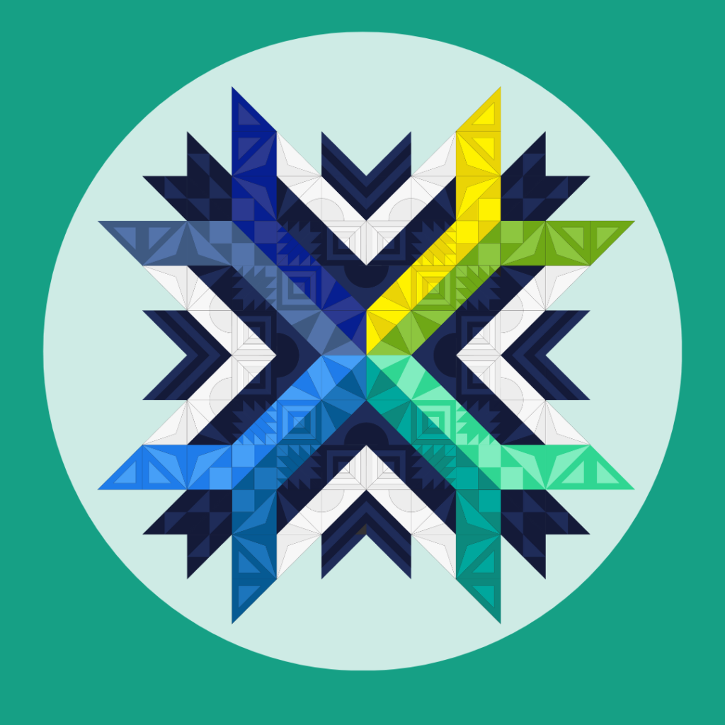 Spring Aurora color palette in chartreuse, yellow, navy, royal blue, dusty blue, bright blue, and teal. Green blue and blue green plus white triangle blocks. 