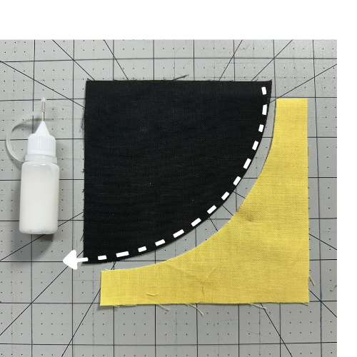 Glue basting curves with a thin line of glue on the convex fabric outer edge