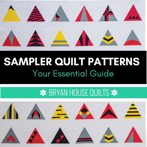 Equilateral sampler quilt patterns from Make Modern Triangles book - individual bold colored triangles placed on a white fabric background