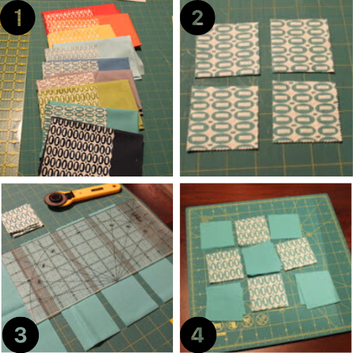 Fabric selection laid out, cutting charm squares into 4 pieces, using strips for smaller squares and laying the nine patch block design.