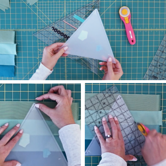 Using template plastic as a guide to cut triangles