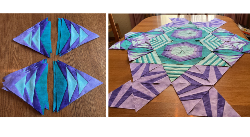 April showers are raining Echo BOM modern triangle blocks in teal and purple.