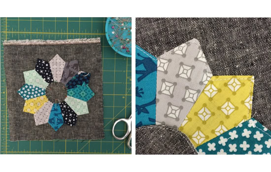 Center the blocks on the background fabric and edgestitch around it