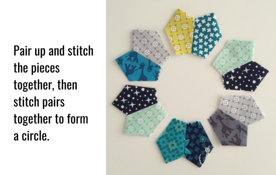 Pair up and stitch the pieces together, then stitch pairs together to form a circle for the DIY pin cushion.
