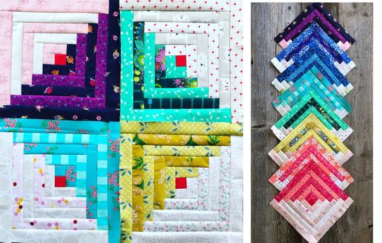 Completed blocks for the log cabin quilt for beginners method in bright rainbow colors.
