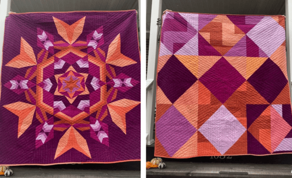 Make Modern Triangles Solstice quilt made in magenta, coral and purple.