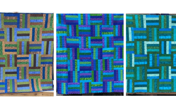 Three modern quilts in blue and green striped blocks