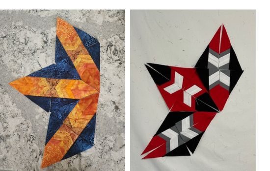 BOM blocks compared side by side in blue and orange combination of fabrics with a set of red and black triangle blocks.