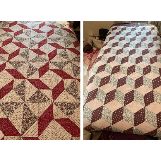Traditional tumbling blocks quilt made by Elana