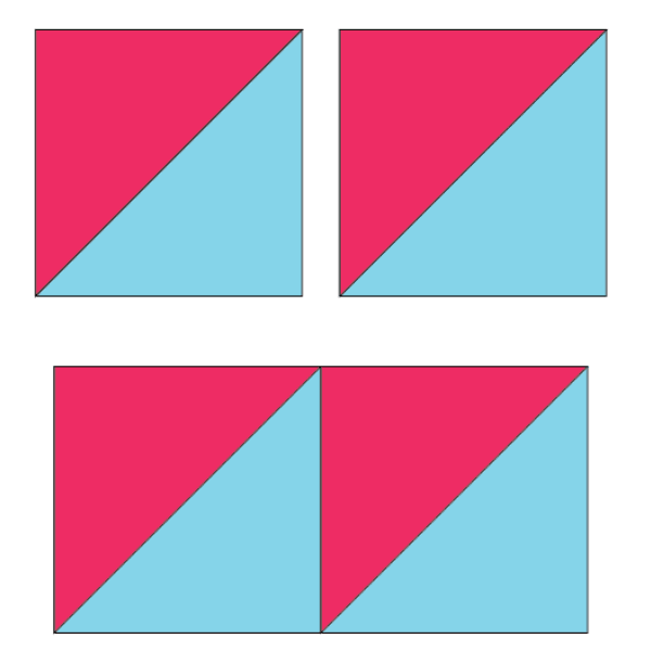 diagram showing how to join half square triangles (HST) to form a 4-patch block for hello houston quilt tutorial.