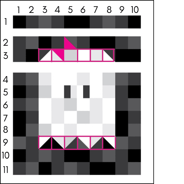 Layout graphic with pink lines to indicate the layouts for the bow, top corners and feet.